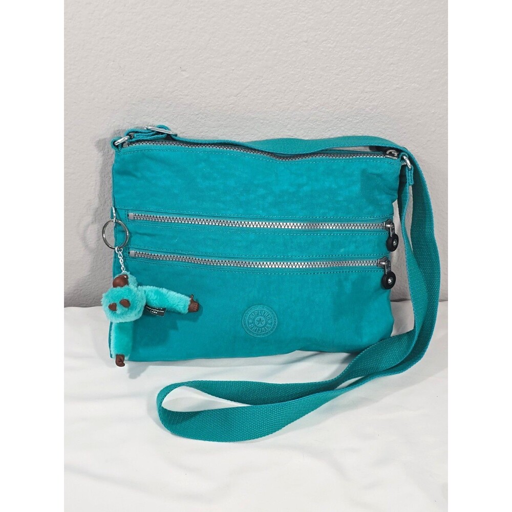 Kipling Alvar Turquoise Blue Nylon Multi-Zipper Crossbody Shoulder Bag w/ charm